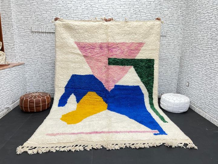 Colorful abstract Moroccan wool rug with pink, blue, yellow, and green geometric design