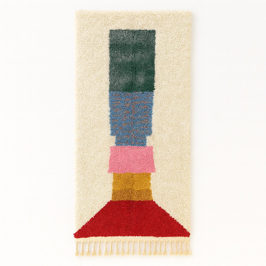 Colorful abstract Moroccan runner rug with artistic face design, handmade wool carpet featuring turquoise, yellow, red and purple shapes on a soft white background, modern boho Moroccan wool runner for hallway decor.