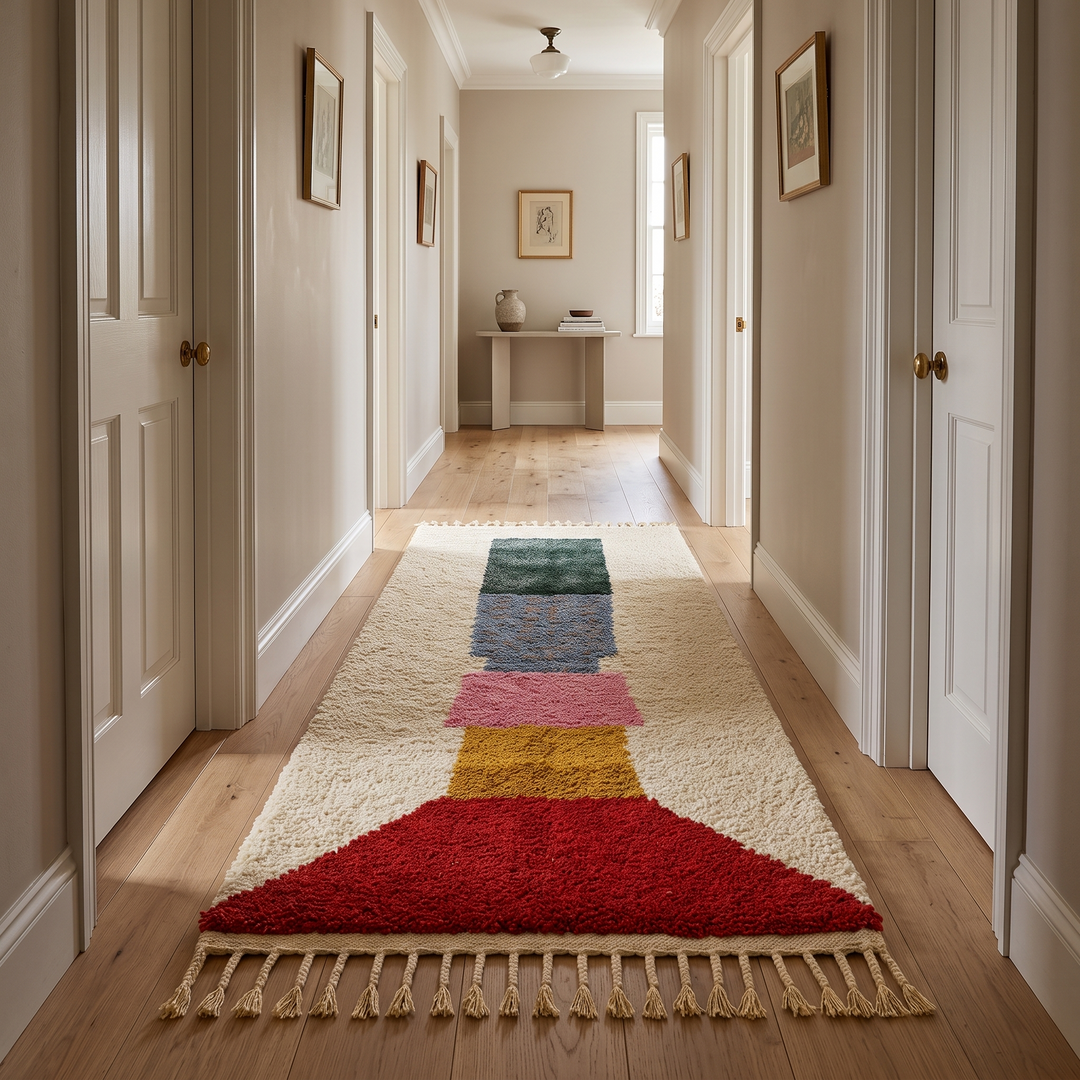Colorful abstract Moroccan runner rug with artistic face design, handmade wool carpet featuring turquoise, yellow, red and purple shapes on a soft white background, modern boho Moroccan wool runner for hallway decor.
