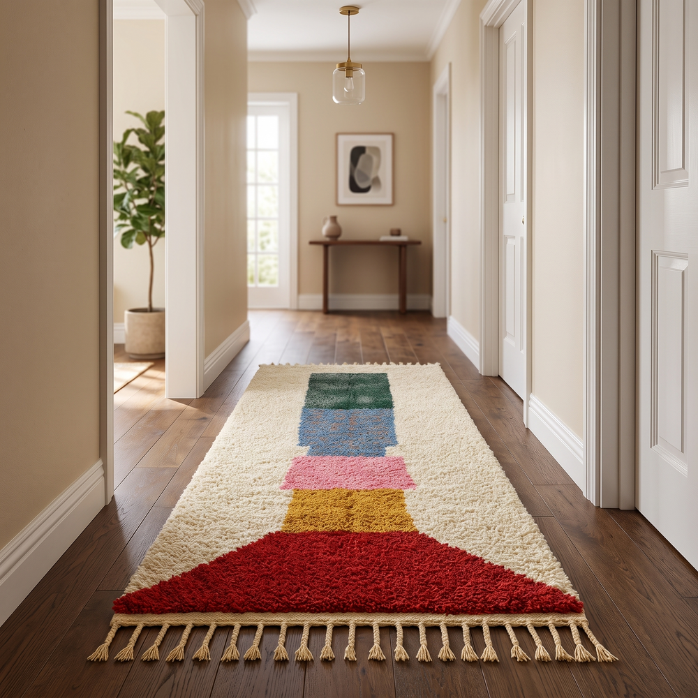Colorful abstract Moroccan runner rug with artistic face design, handmade wool carpet featuring turquoise, yellow, red and purple shapes on a soft white background, modern boho Moroccan wool runner for hallway decor.