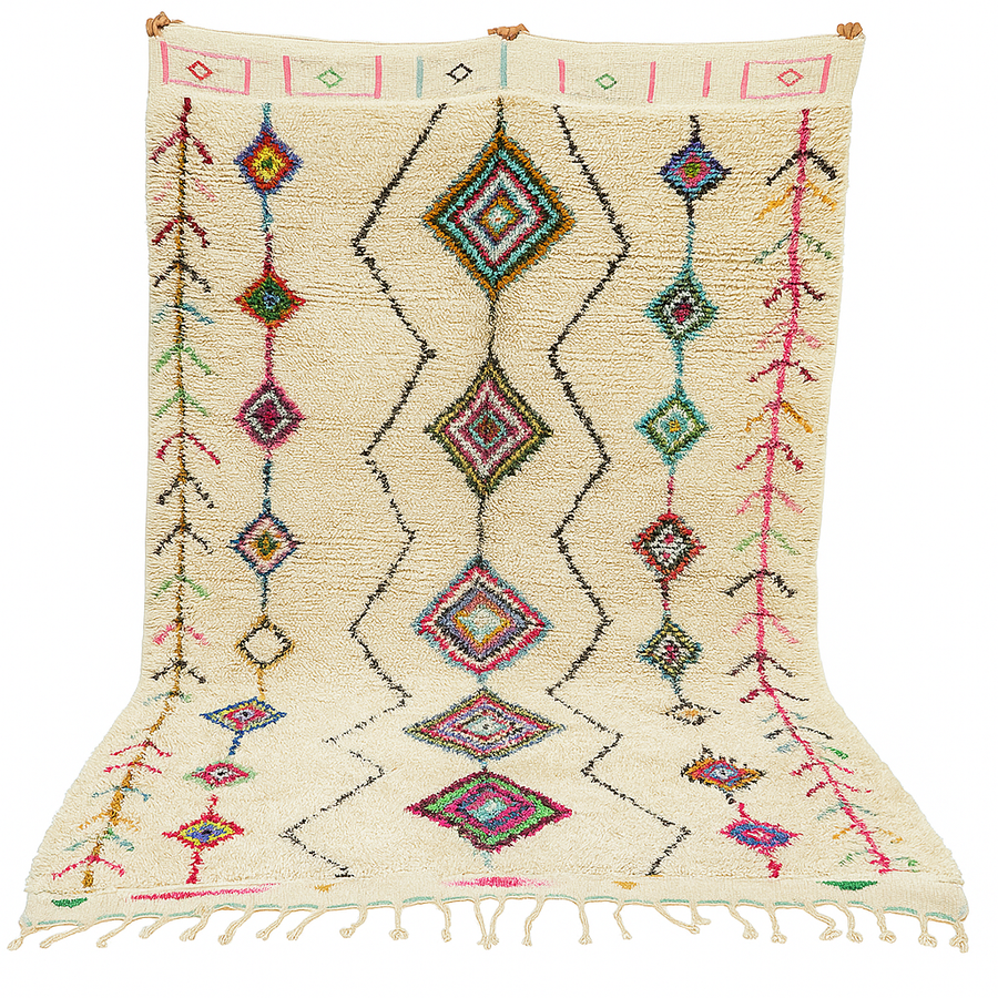 Colorful Beni Ourain Moroccan wool rug with diamond tribal patterns in pink, turquoise, and green on ivory background