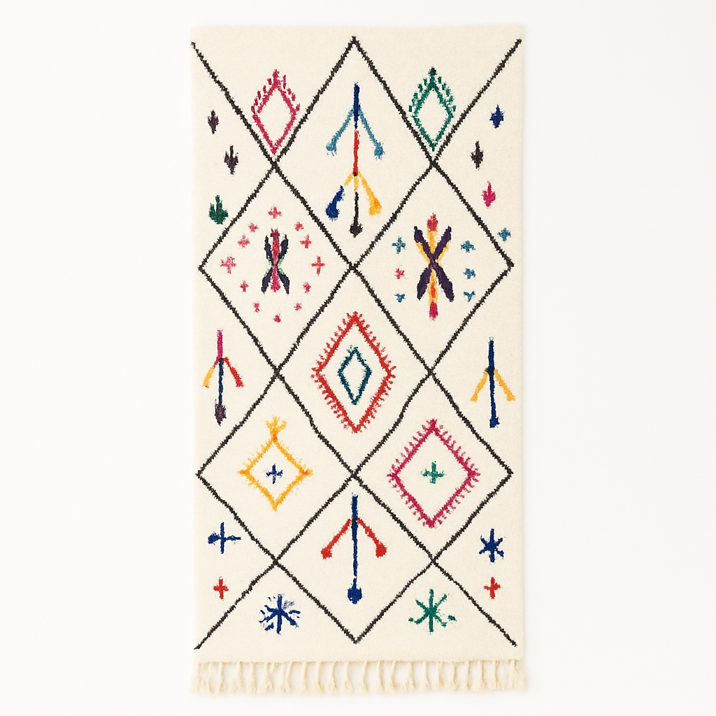 Colorful Berber Moroccan runner rug with diamond pattern and multicolor tribal symbols on cream wool background
