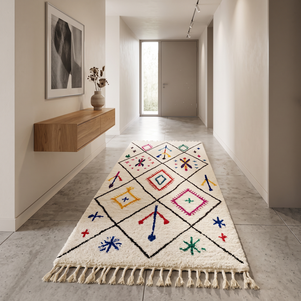 Colorful Berber Moroccan runner rug with diamond pattern and multicolor tribal symbols on cream wool background