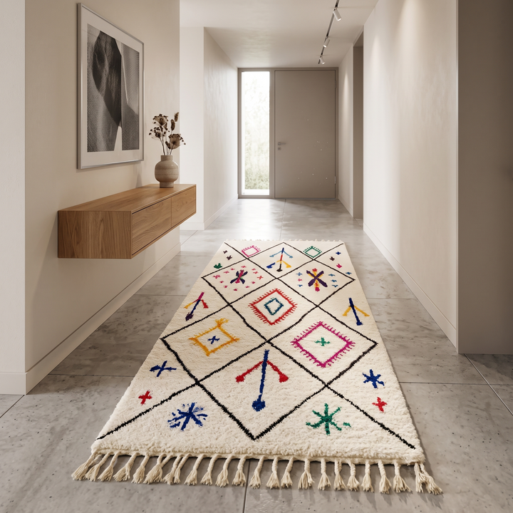 Colorful Berber Moroccan runner rug with diamond pattern and multicolor tribal symbols on cream wool background