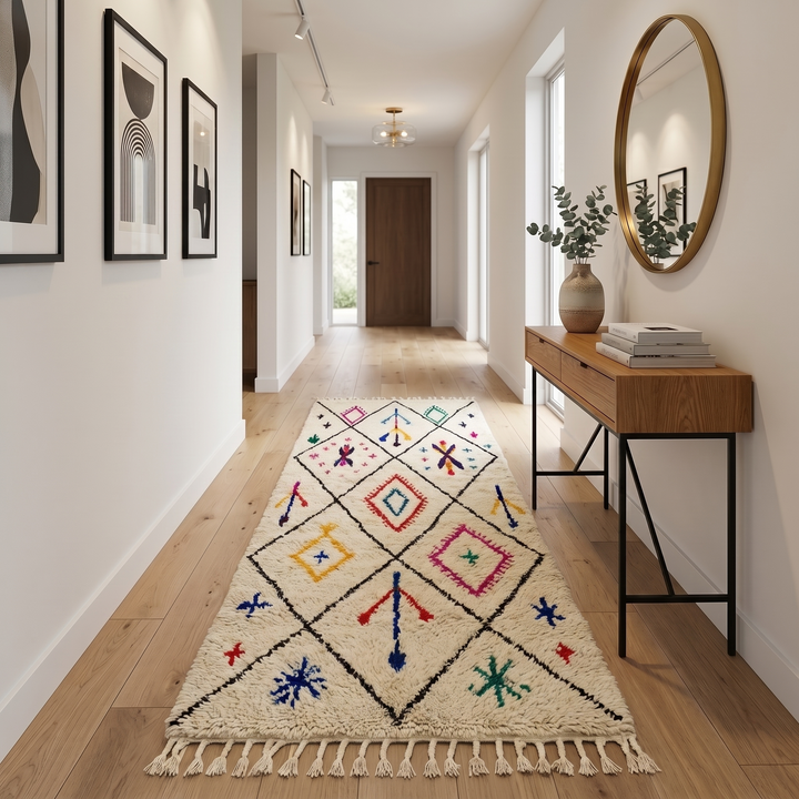 Colorful Berber Moroccan runner rug with diamond pattern and multicolor tribal symbols on cream wool background