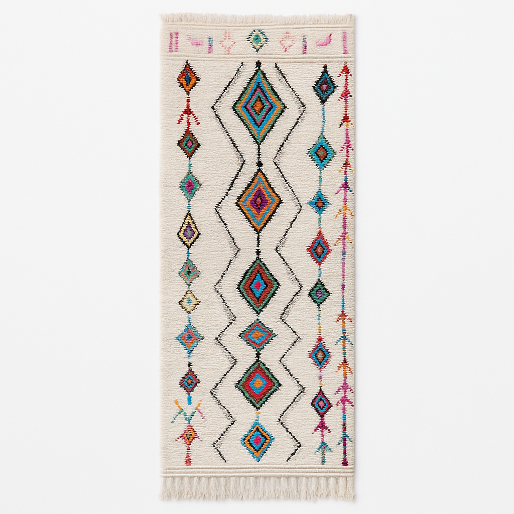 Handmade Moroccan wool runner rug with colorful Berber diamond motifs on a white background