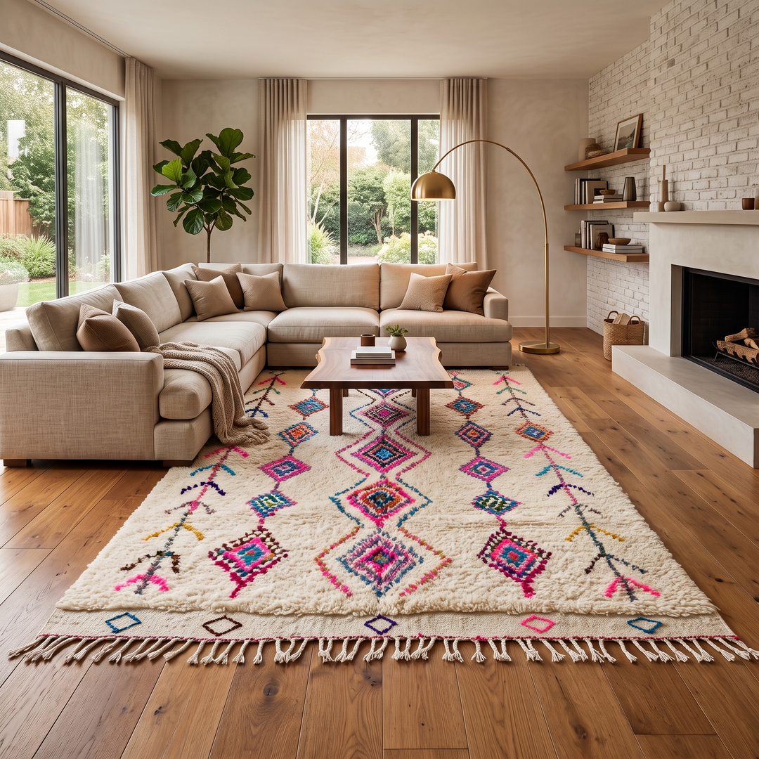 Colorful handmade Moroccan Berber rug with diamond tribal patterns on white wool
