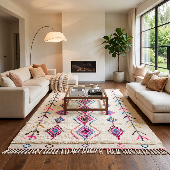 Colorful handmade Moroccan Berber rug with diamond tribal patterns on white wool
