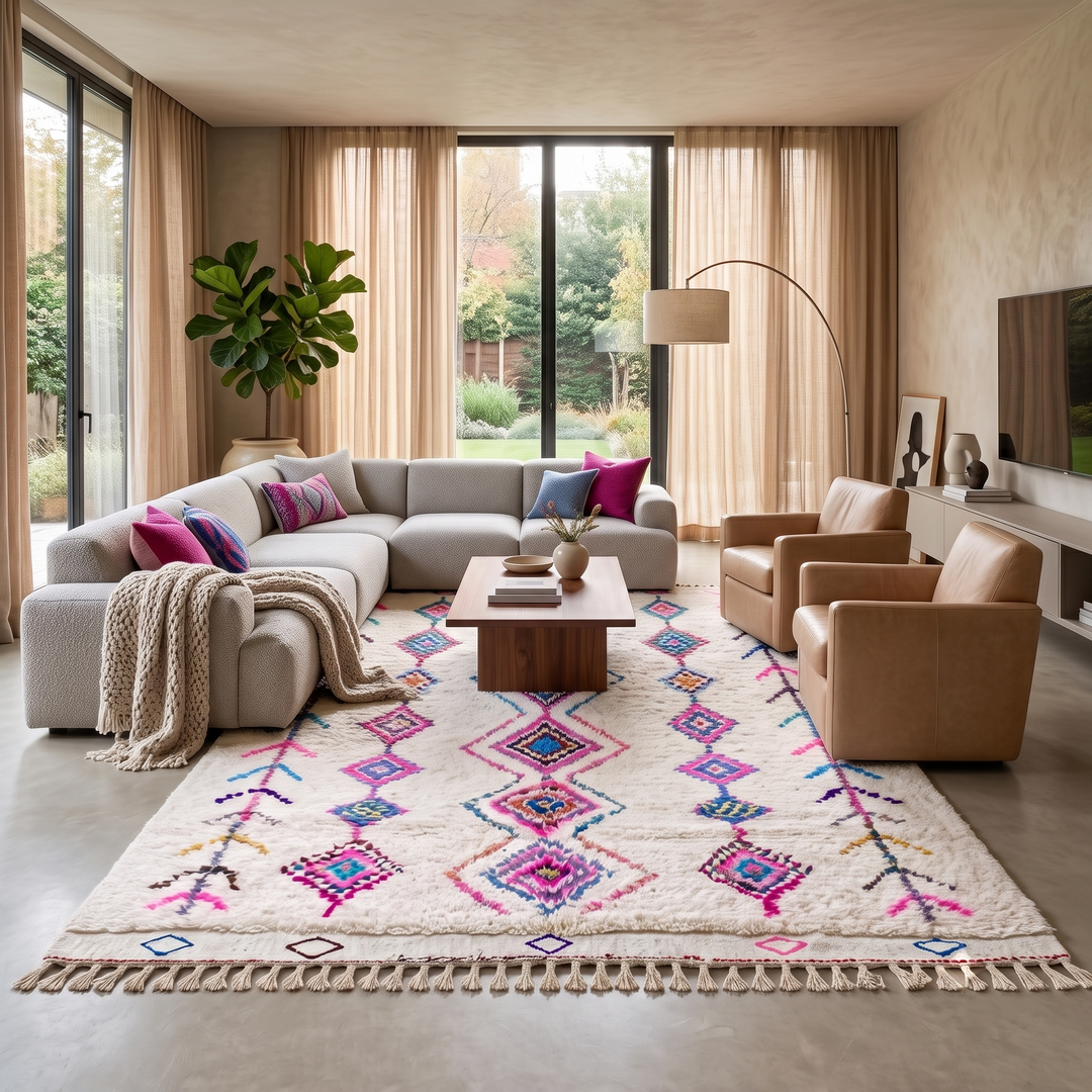 Colorful handmade Moroccan Berber rug with diamond tribal patterns on white wool
