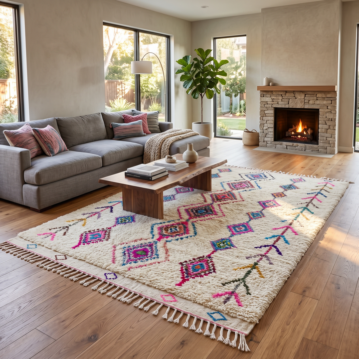 Colorful handmade Moroccan Berber rug with diamond tribal patterns on white wool
