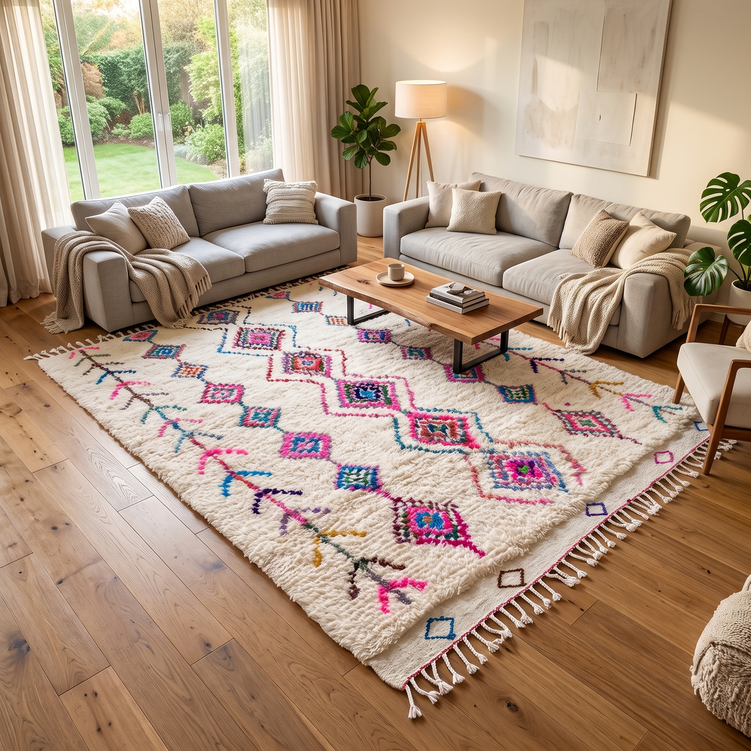 Colorful handmade Moroccan Berber rug with diamond tribal patterns on white wool
