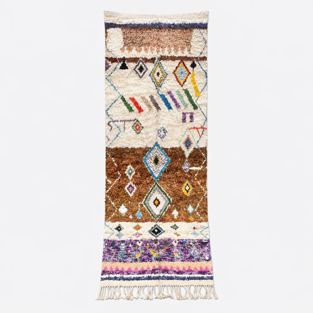 Boho Berber Moroccan runner rug handmade from wool with colorful tribal diamond motifs