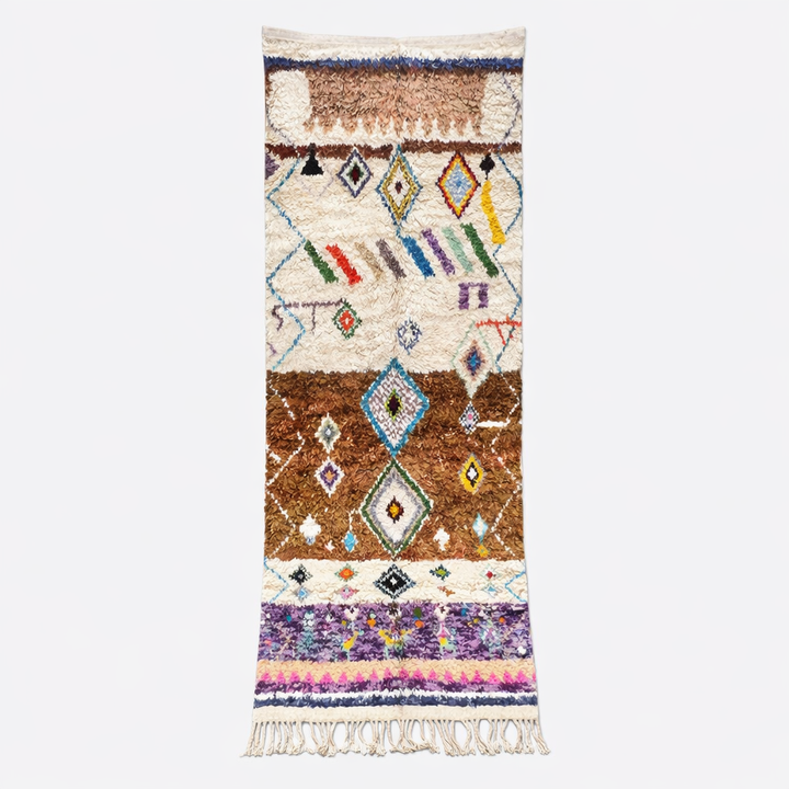Boho Berber Moroccan runner rug handmade from wool with colorful tribal diamond motifs