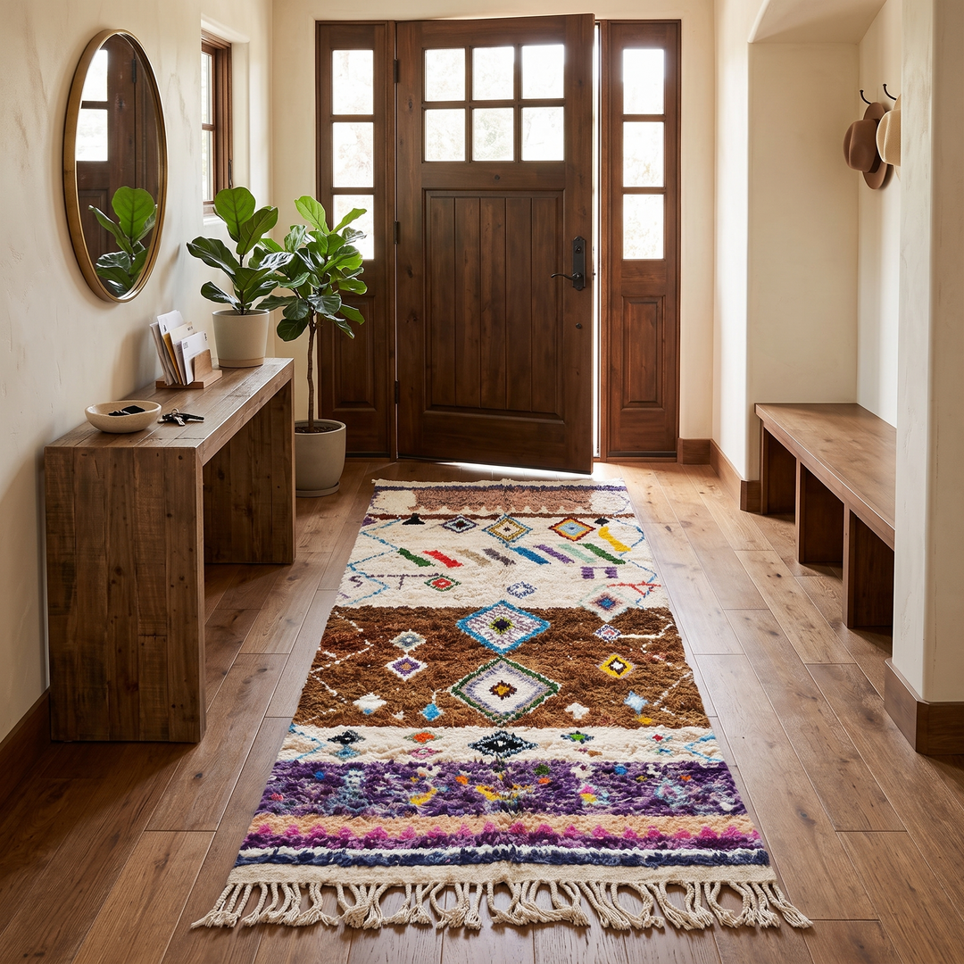 Boho Berber Moroccan runner rug handmade from wool with colorful tribal diamond motifs