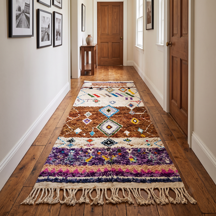 Boho Berber Moroccan runner rug handmade from wool with colorful tribal diamond motifs