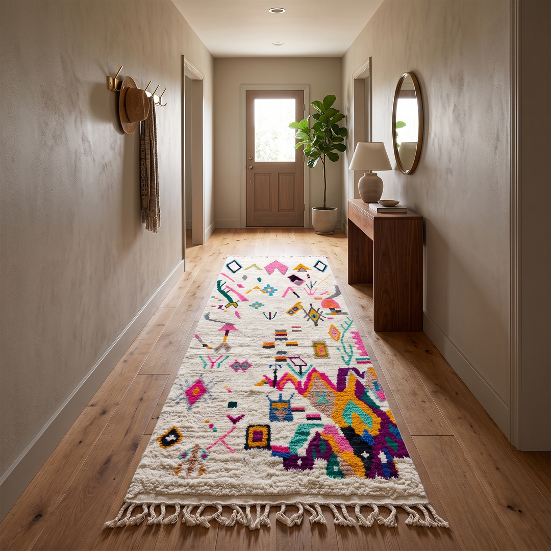 Colorful Berber Moroccan runner rug handmade from white wool with abstract symbols