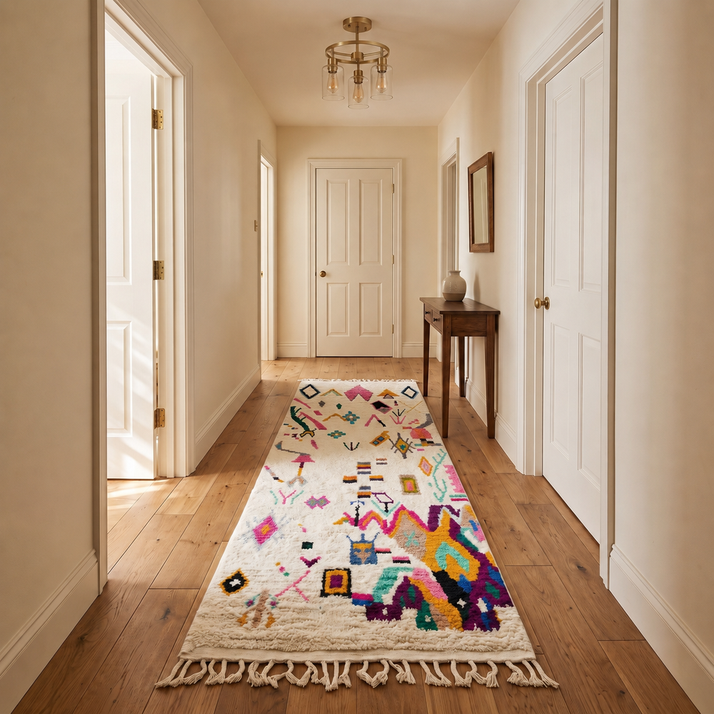Colorful Berber Moroccan runner rug handmade from white wool with abstract symbols