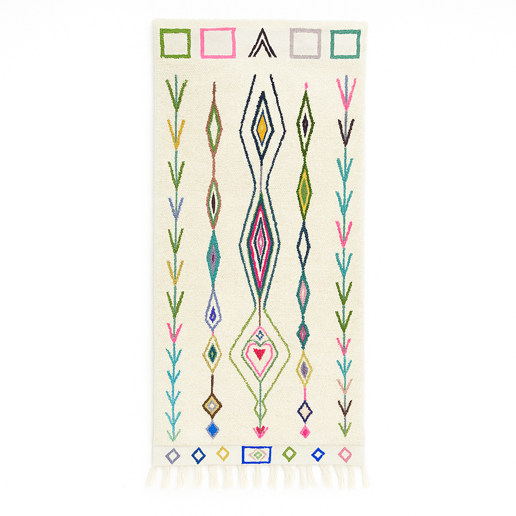 Handmade Moroccan runner rug with colorful geometric and tribal motifs on a white wool background, crafted by Berber artisans.
