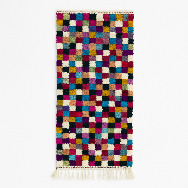 Handmade colorful Moroccan runner rug with multicolor checkerboard geometric design in wool, ideal for modern boho hallway interiors.