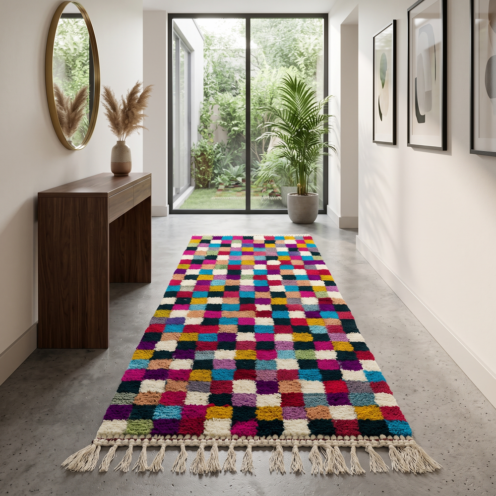 Handmade colorful Moroccan runner rug with multicolor checkerboard geometric design in wool, ideal for modern boho hallway interiors.