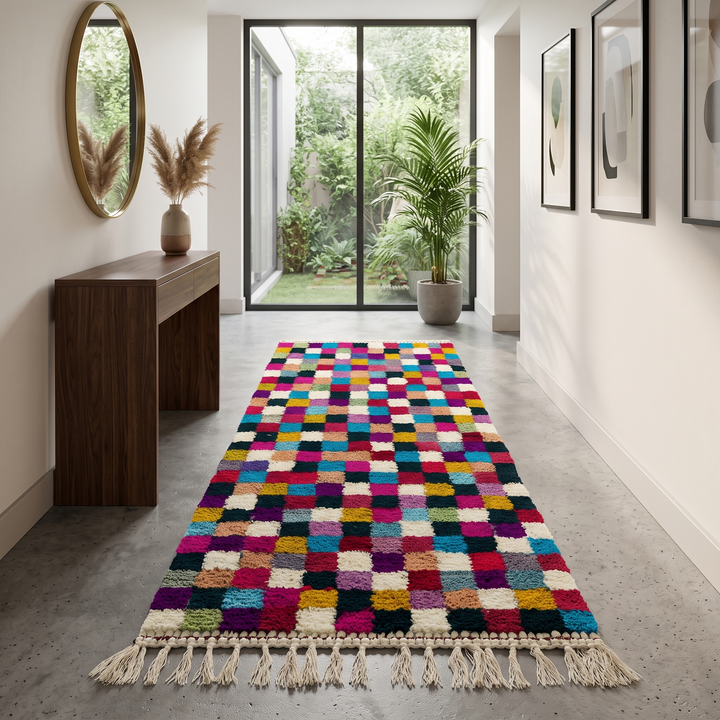 Handmade colorful Moroccan runner rug with multicolor checkerboard geometric design in wool, ideal for modern boho hallway interiors.