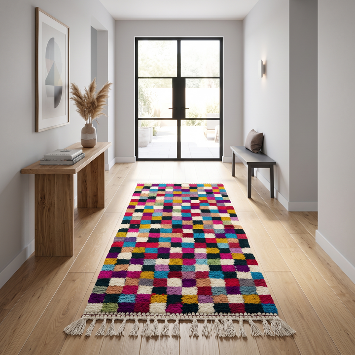 Handmade colorful Moroccan runner rug with multicolor checkerboard geometric design in wool, ideal for modern boho hallway interiors.