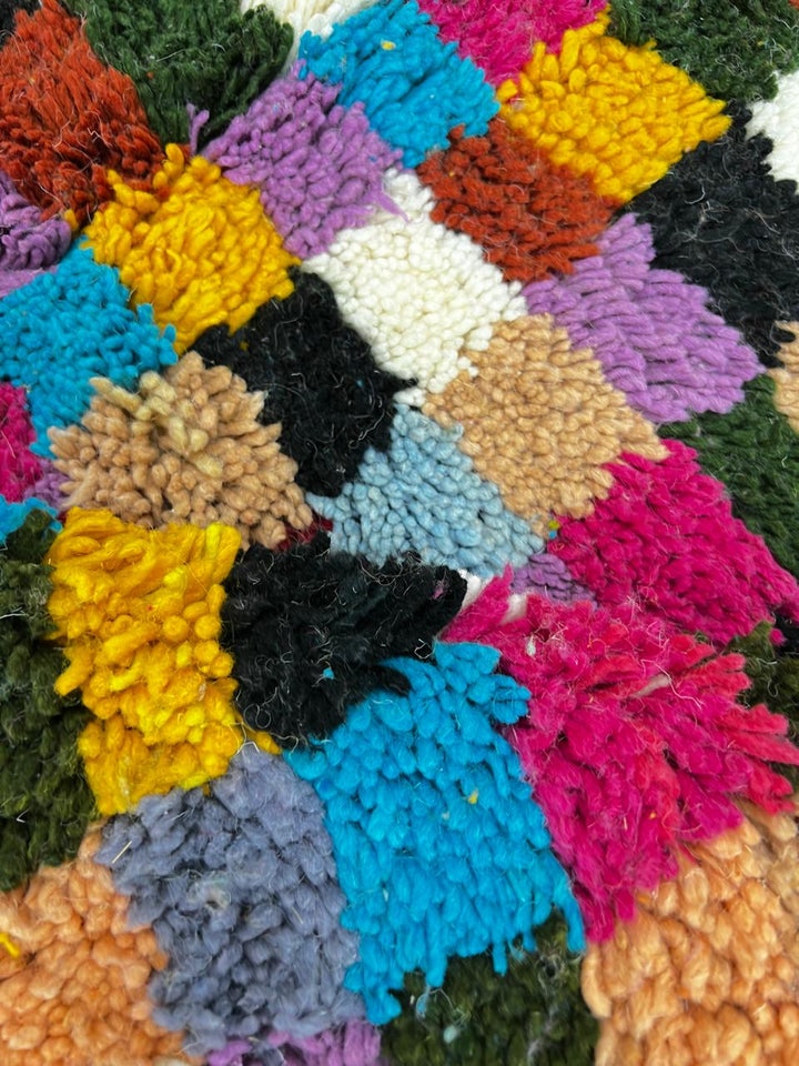 Handmade colorful Moroccan runner rug with multicolor checkerboard geometric design in wool, ideal for modern boho hallway interiors.