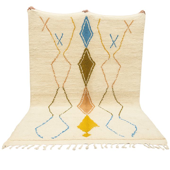 Handwoven Moroccan wool rug with colorful diamond geometric design on ivory background