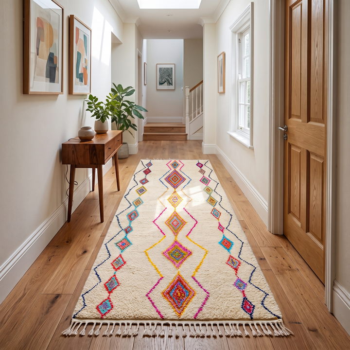 Handmade Moroccan runner rug with colorful diamond patterns on a white  background, crafted from natural wool by Berber artisans.