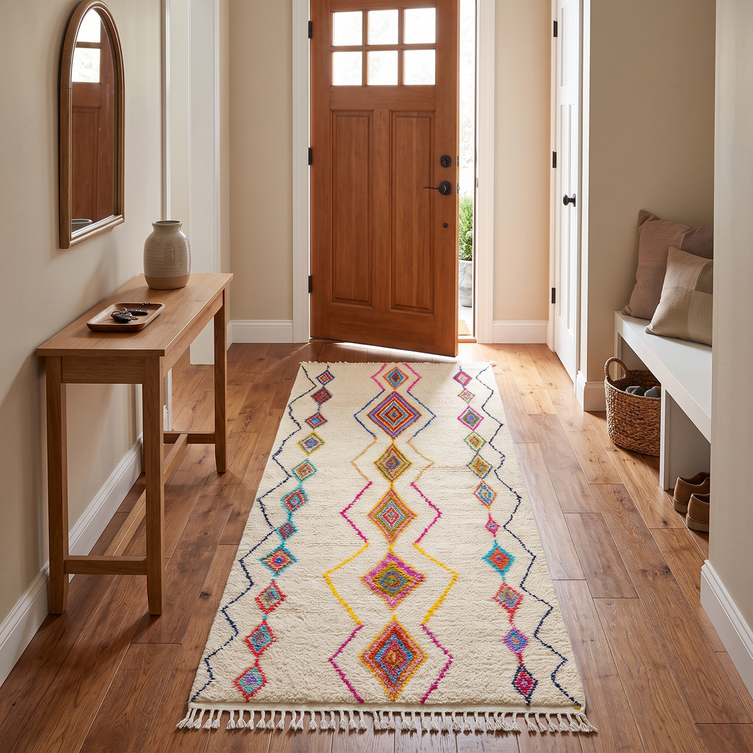 Handmade Moroccan runner rug with colorful diamond patterns on a white  background, crafted from natural wool by Berber artisans.