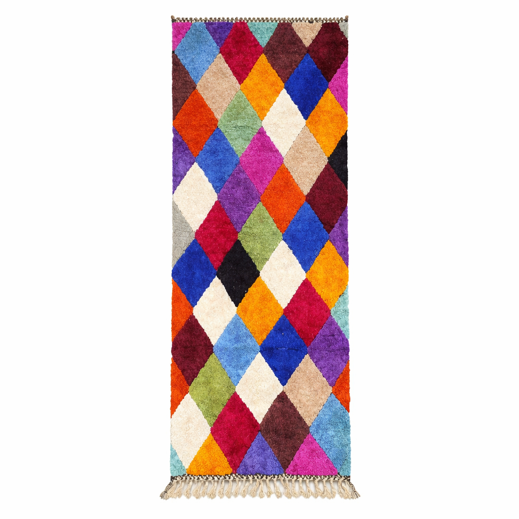 Handwoven colorful Moroccan wool runner rug with multicolor diamond pattern