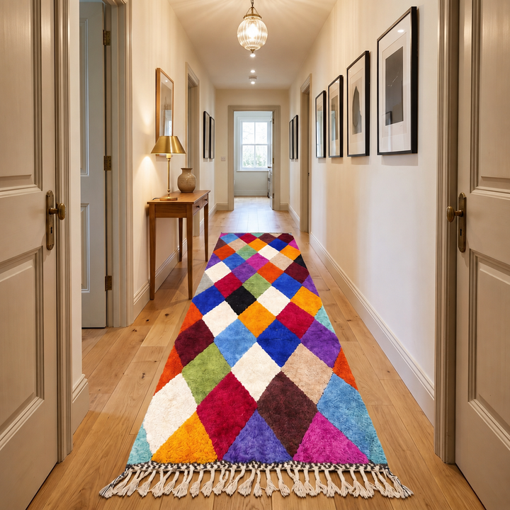 Handwoven colorful Moroccan wool runner rug with multicolor diamond pattern