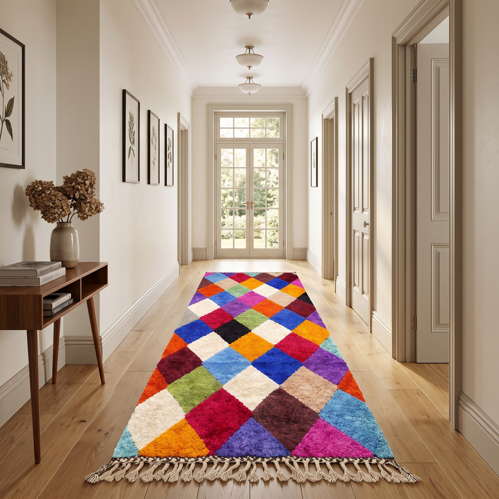 Handwoven colorful Moroccan wool runner rug with multicolor diamond pattern