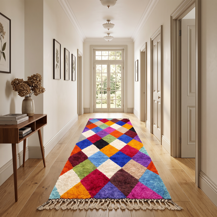 Handwoven colorful Moroccan wool runner rug with multicolor diamond pattern