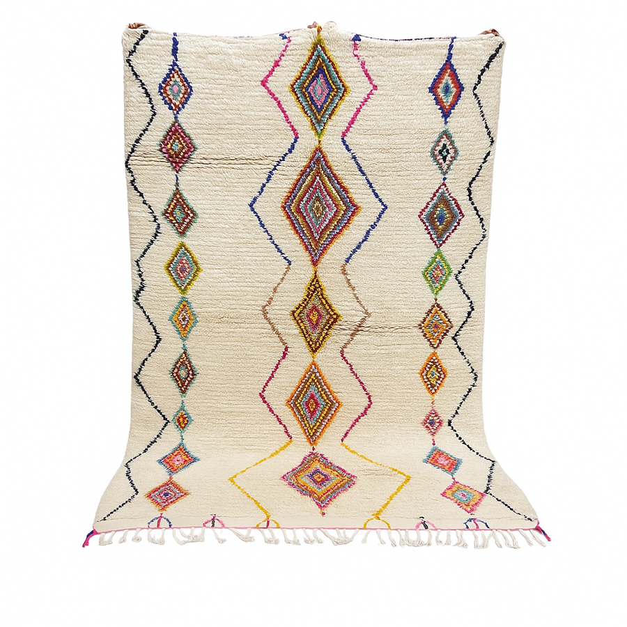 Handmade Moroccan wool rug with colorful diamond patterns on cream background – Berber boho carpet