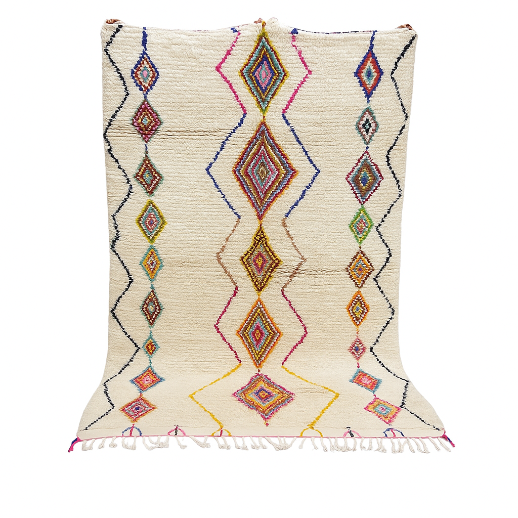 Handmade Moroccan wool rug with colorful diamond patterns on cream background – Berber boho carpet