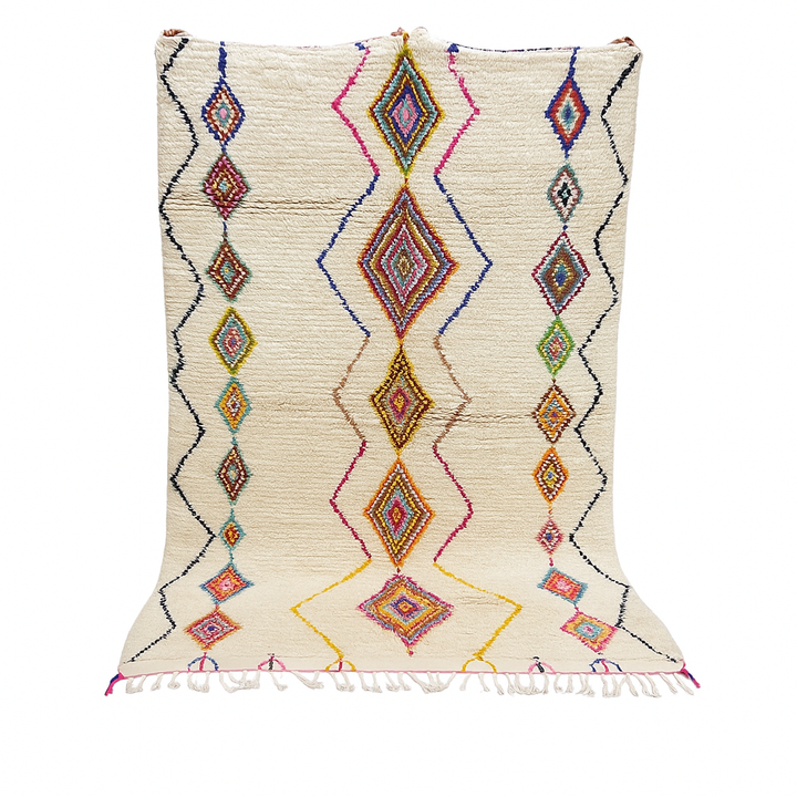 Handmade Moroccan wool rug with colorful diamond patterns on cream background – Berber boho carpet