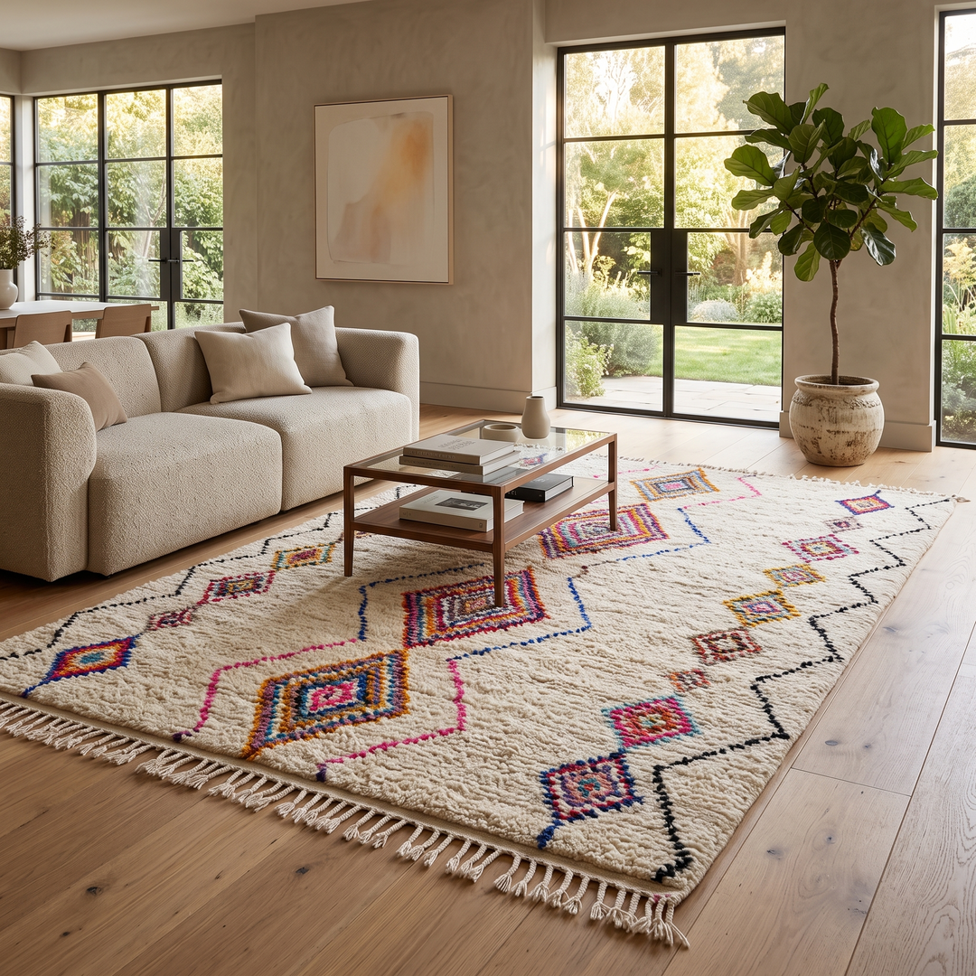 Handmade Moroccan wool rug with colorful diamond patterns on cream background – Berber boho carpet
