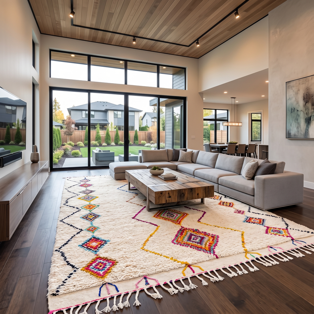 Handmade Moroccan wool rug with colorful diamond patterns on cream background – Berber boho carpet
