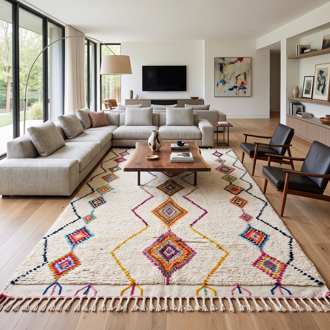 Handmade Moroccan wool rug with colorful diamond patterns on cream background – Berber boho carpet
