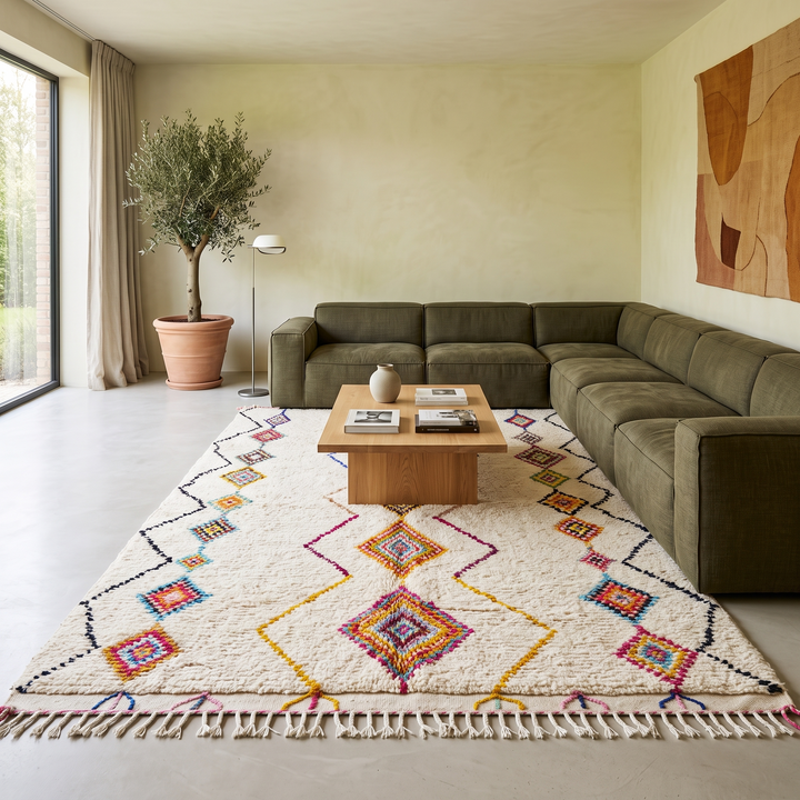 Handmade Moroccan wool rug with colorful diamond patterns on cream background – Berber boho carpet
