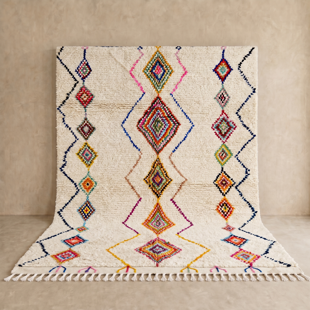 Handmade Moroccan wool rug with colorful diamond patterns on cream background – Berber boho carpet

