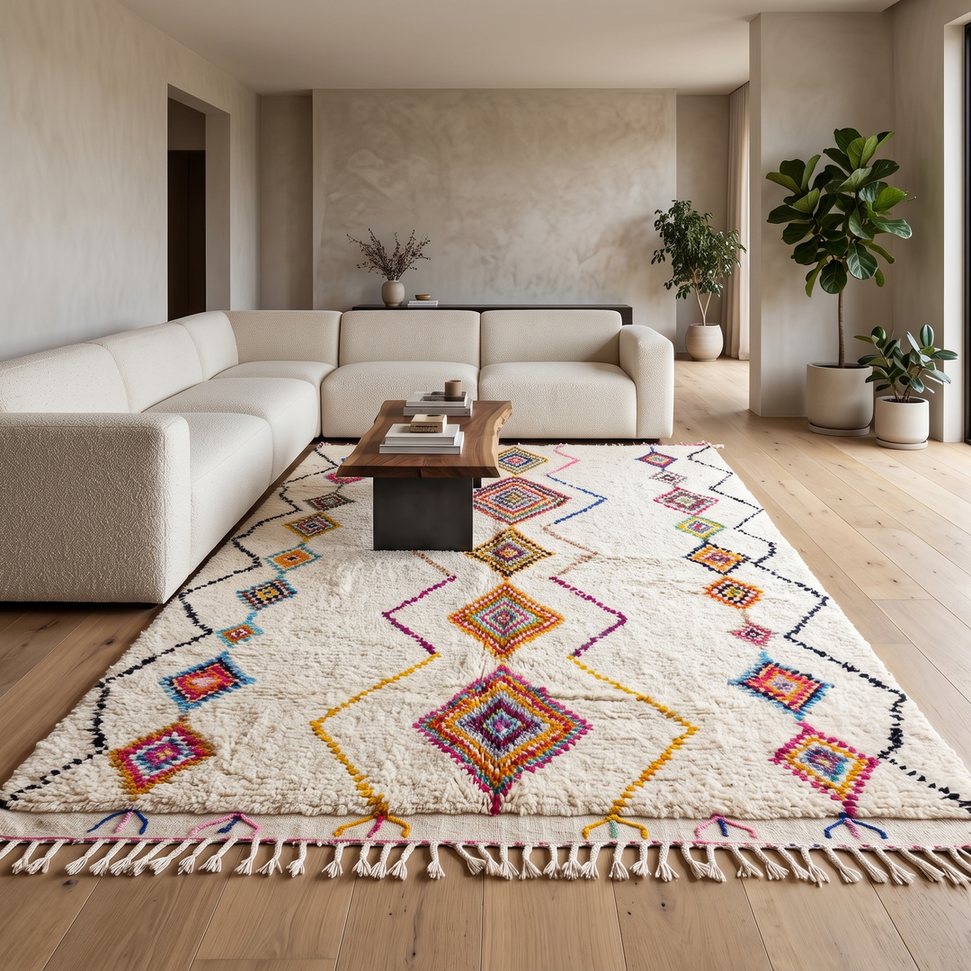 Handmade Moroccan wool rug with colorful diamond patterns on cream background – Berber boho carpet
