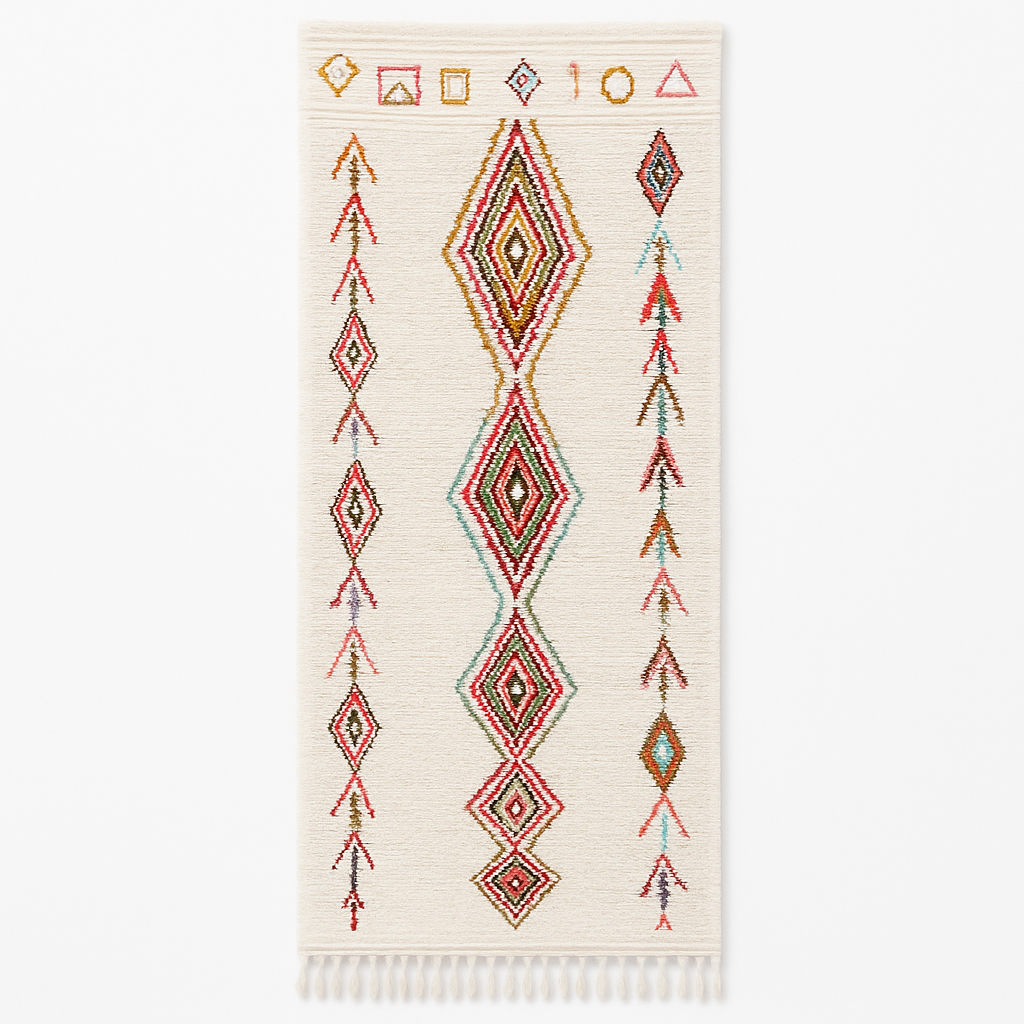 Handmade Moroccan wool runner rug with colorful diamond and arrow Berber motifs on a white background