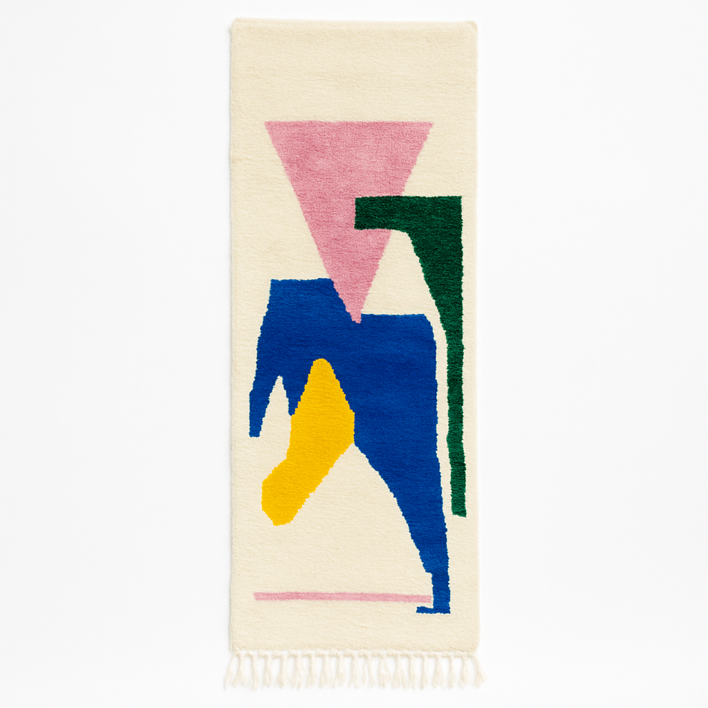 Colorful geometric Moroccan wool runner rug with abstract shapes in pink, blue, green, and yellow on a cream base