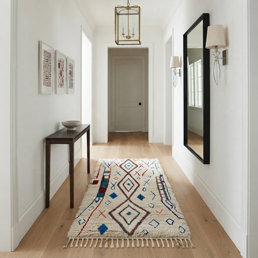 Handmade colorful Moroccan wool runner rug with blue, red, and orange geometric diamond patterns on a white base.