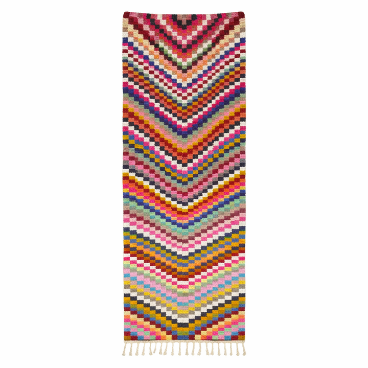Colorful geometric Moroccan runner rug handwoven from wool with abstract line pattern