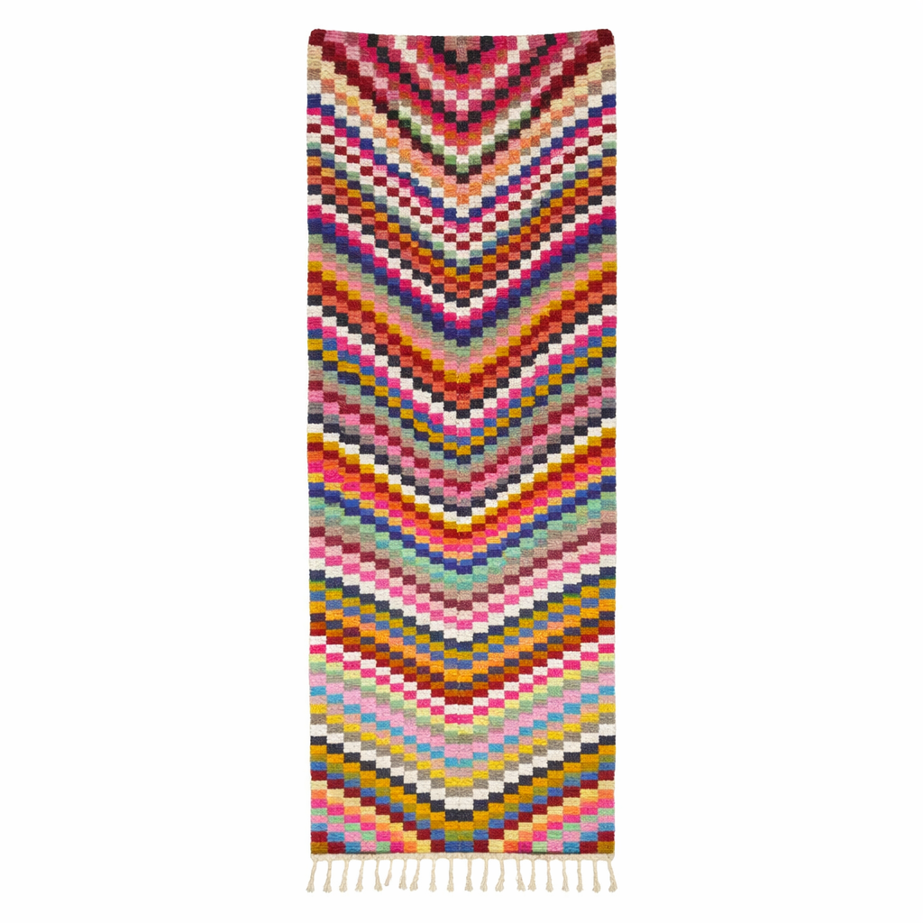 Colorful geometric Moroccan runner rug handwoven from wool with abstract line pattern