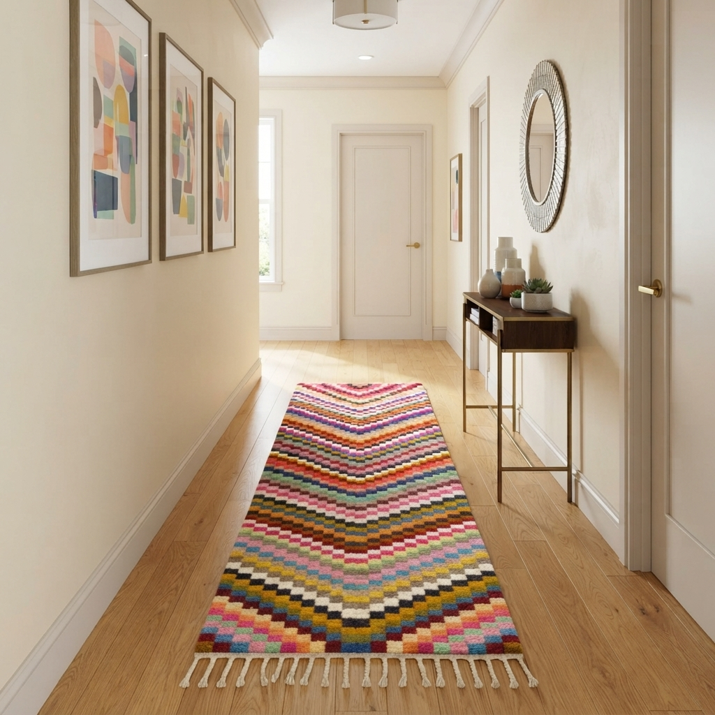 Colorful geometric Moroccan runner rug handwoven from wool with abstract line pattern