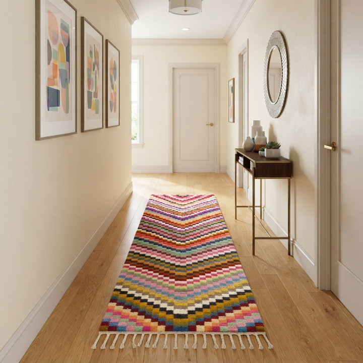 Colorful geometric Moroccan runner rug handwoven from wool with abstract line pattern